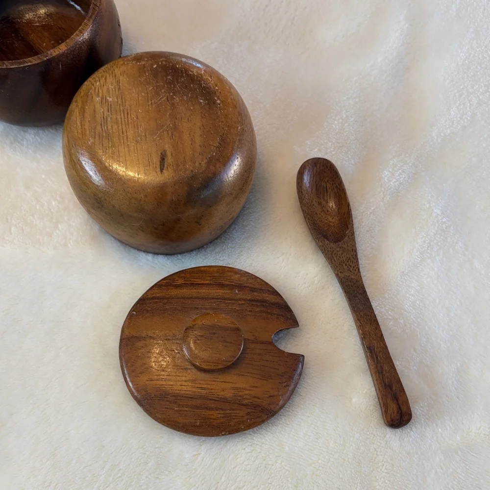 Mid-Century Wooden Dining Set with Carved Handles African Motif Condiment Bowls